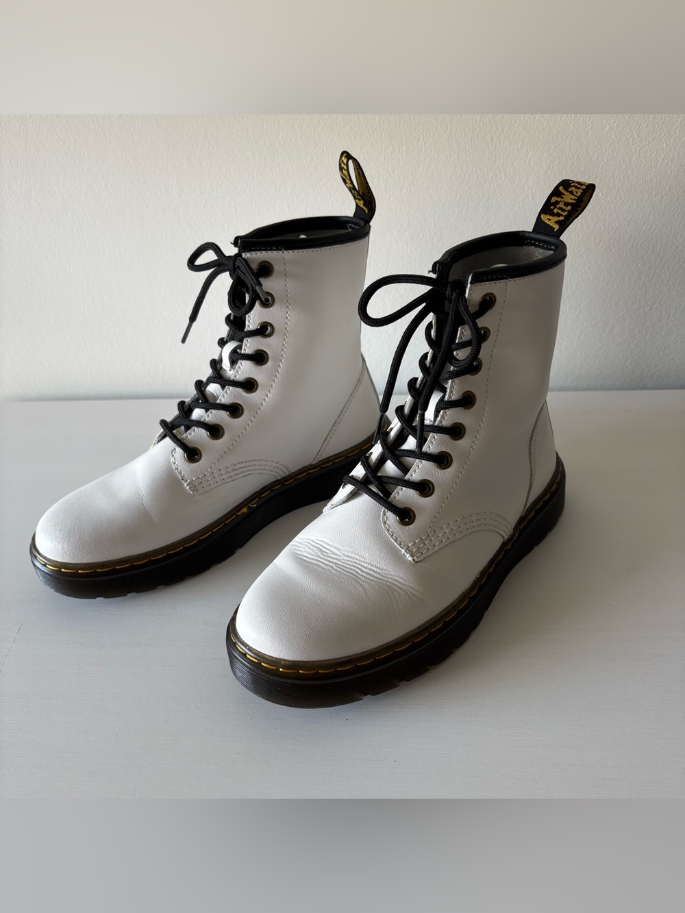 Dr. Martens Zavala White Leather 8-Eye Lace-Up Boots with Black Trim